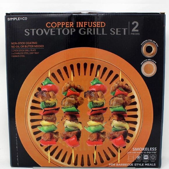 Smokeless Indoor Barbecue Copper Infused Stovetop Grill Set Non Stick Grill 2 pc - Picture 1 of 4